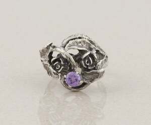 Sterling Silver Modernist Free Form Rose Flower Purple CZ Ring Size 7